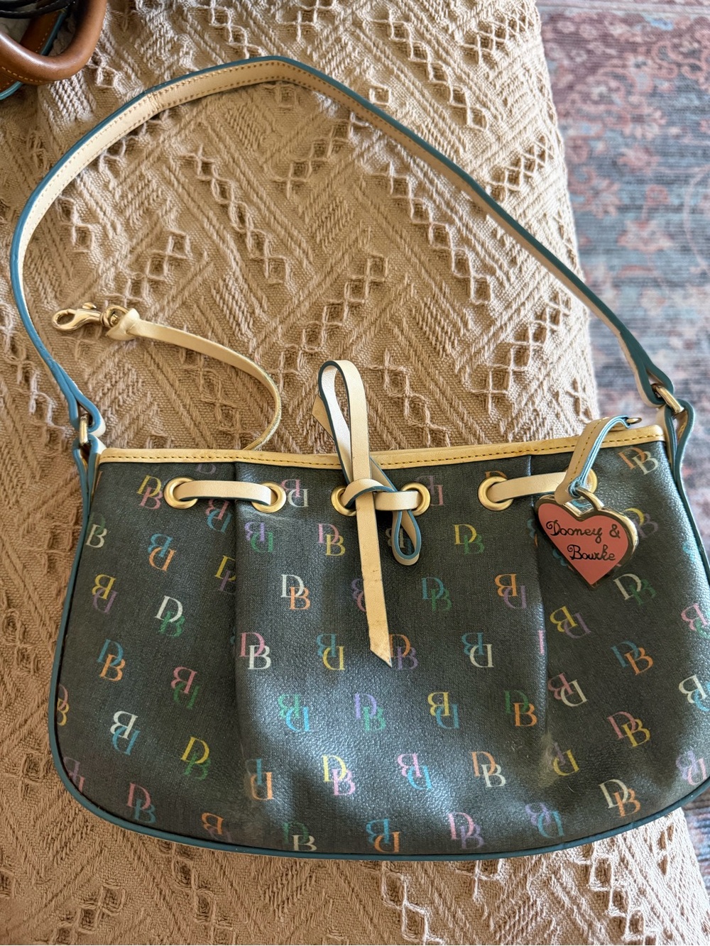 Dooney & Bourke Black Multicolor DB Logo Shoulder Bag with Cream Trim